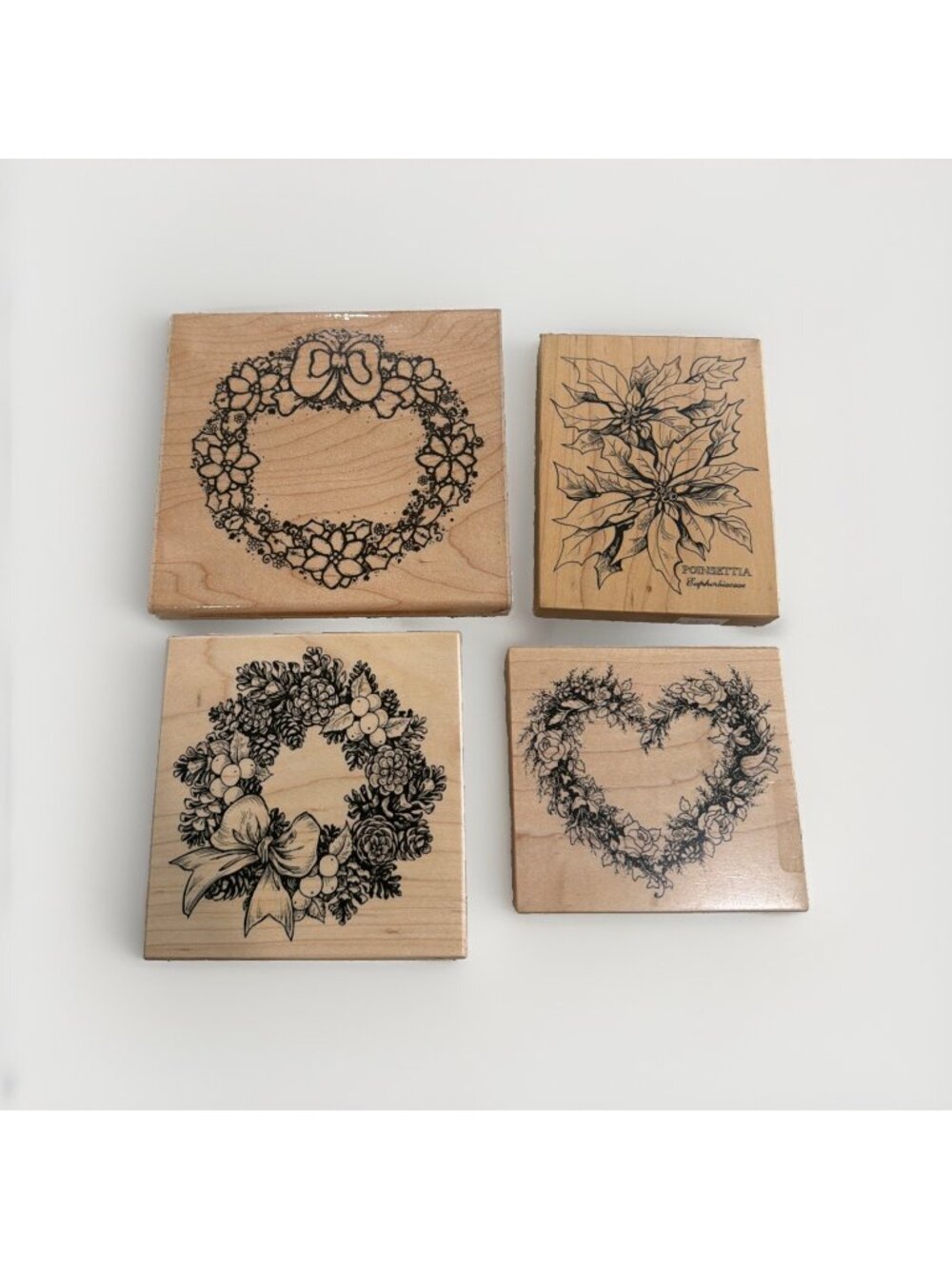 4 Christmas Holiday Embossed Mounted Rubber Stamps Wreaths & Poinsettia EUC